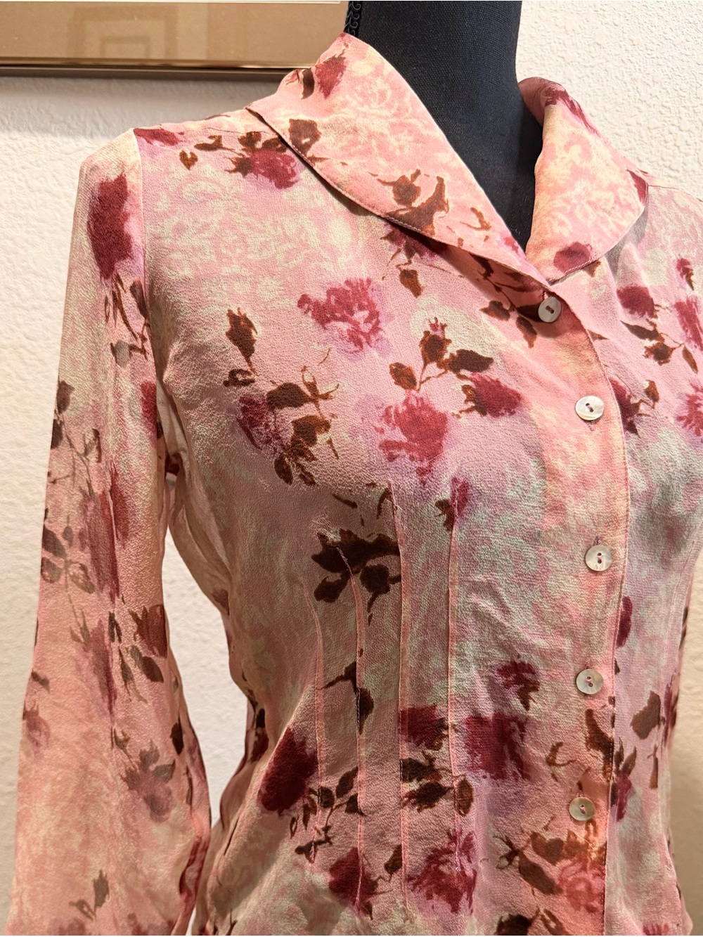 Elegant Floral Button-Up 100% silk Blouse - Pink and Brown